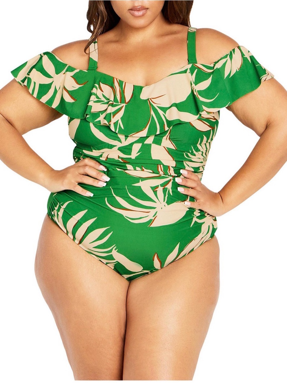 City Chic Green Tropical Print Off-Shoulder One-Piece Swimsuit